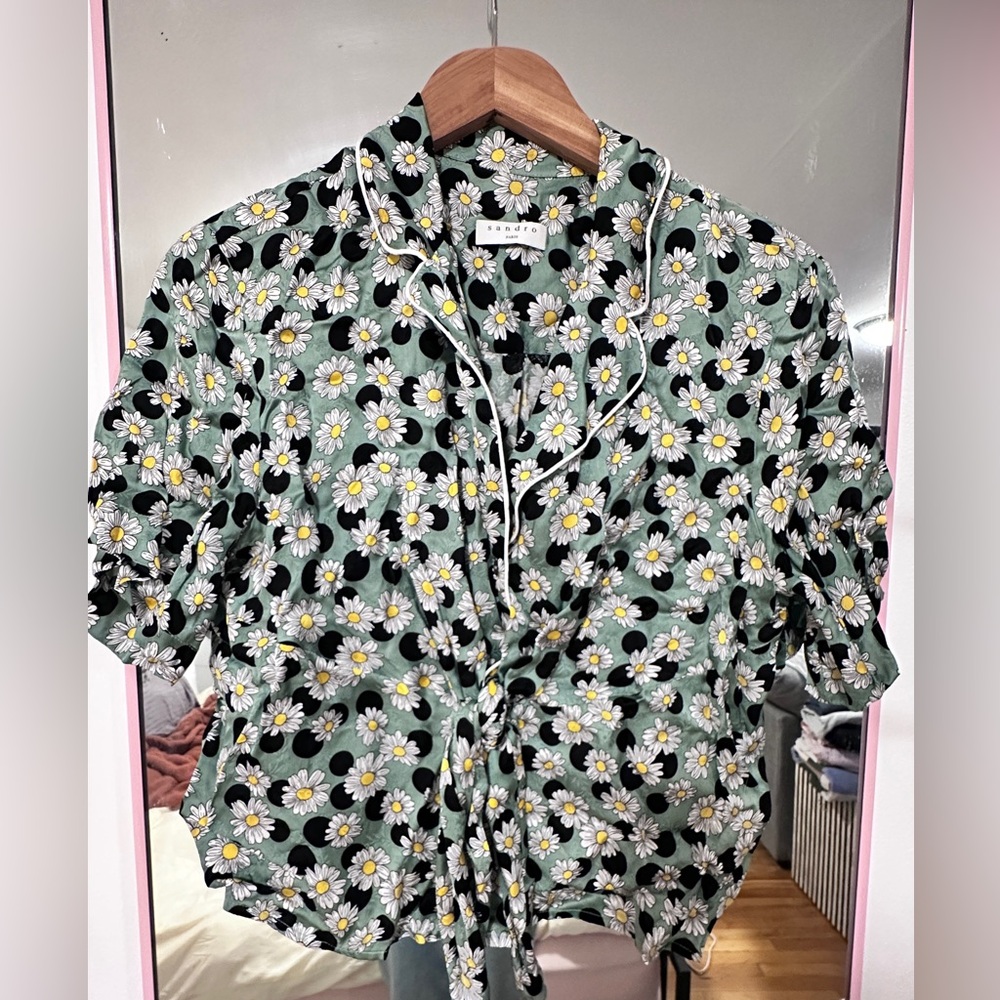 Sandro Paris Floral Blouse with Black and White Daisies